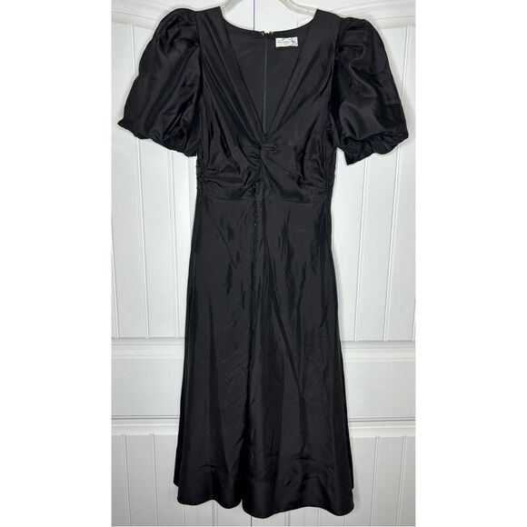Rebecca Vallance Darlene Midi Dress Black Silk Cut Out Button Front 10 Puff - Picture 3 of 9